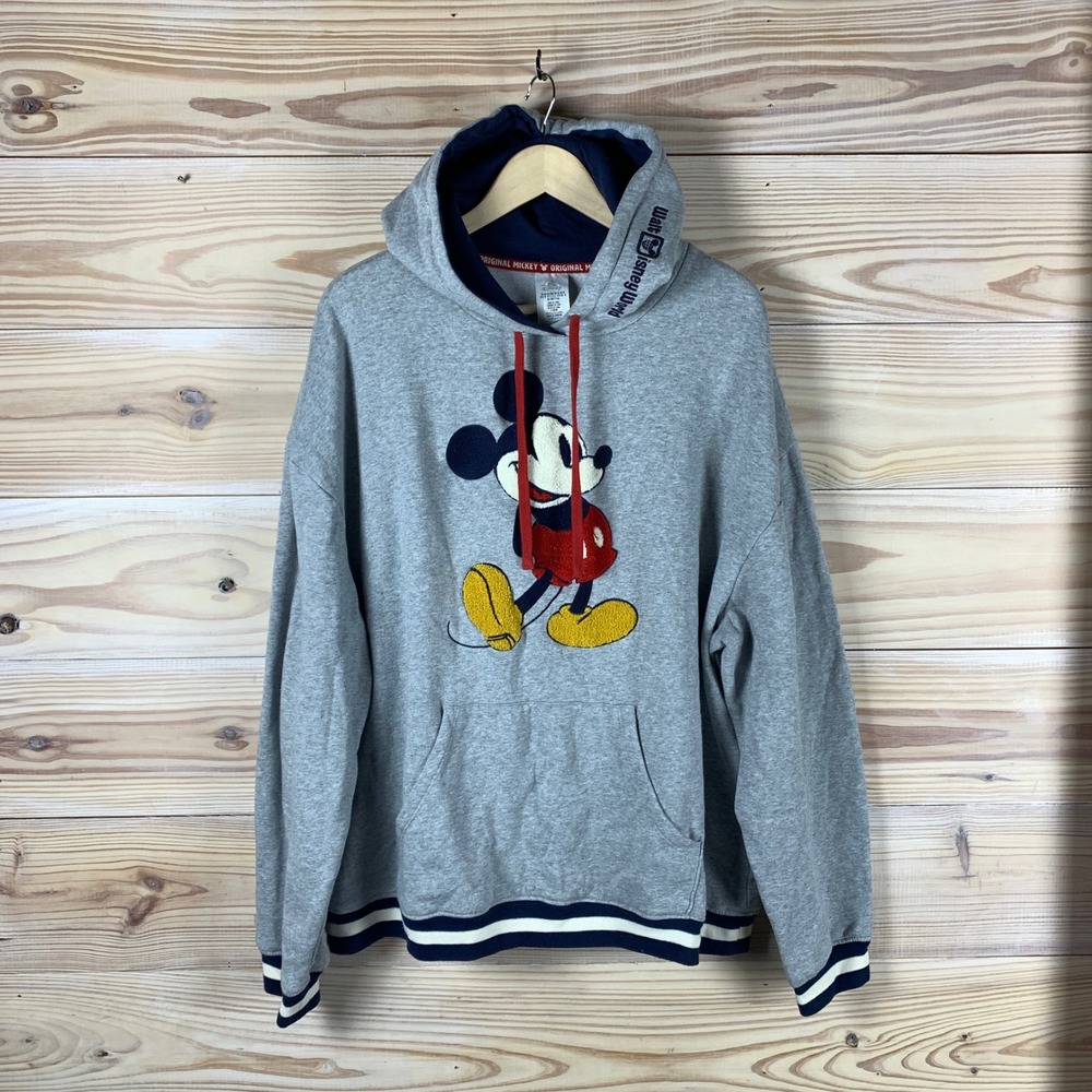Disney Mickey Mouse Hoodie Mens XL Gray Chenille Patch Disney World Pullover